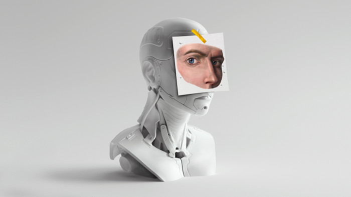 로봇 머리에 찡그린 표정의 사람 얼굴이 그려진 일러스트.