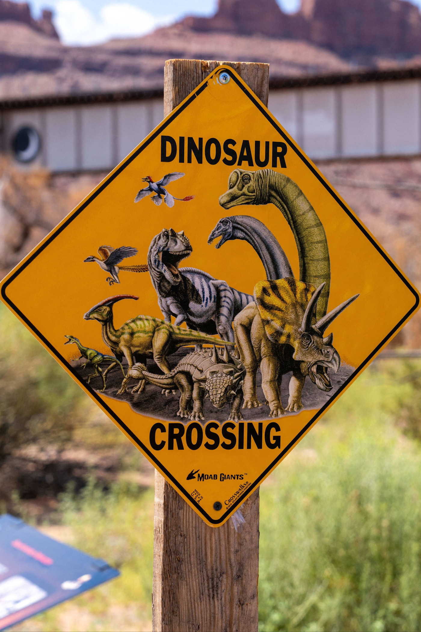 Moab Giants 공원에 있는 여러 공룡과 새 그림 및 “Dinosaur Crossing” 문구가 표시된 노란색 도로 표지판.