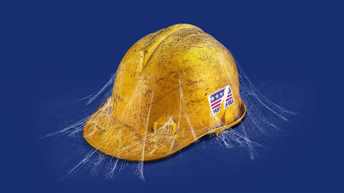 거미줄과 벗겨지는 ‘Made in USA’ 스티커가 붙은 안전모 일러스트