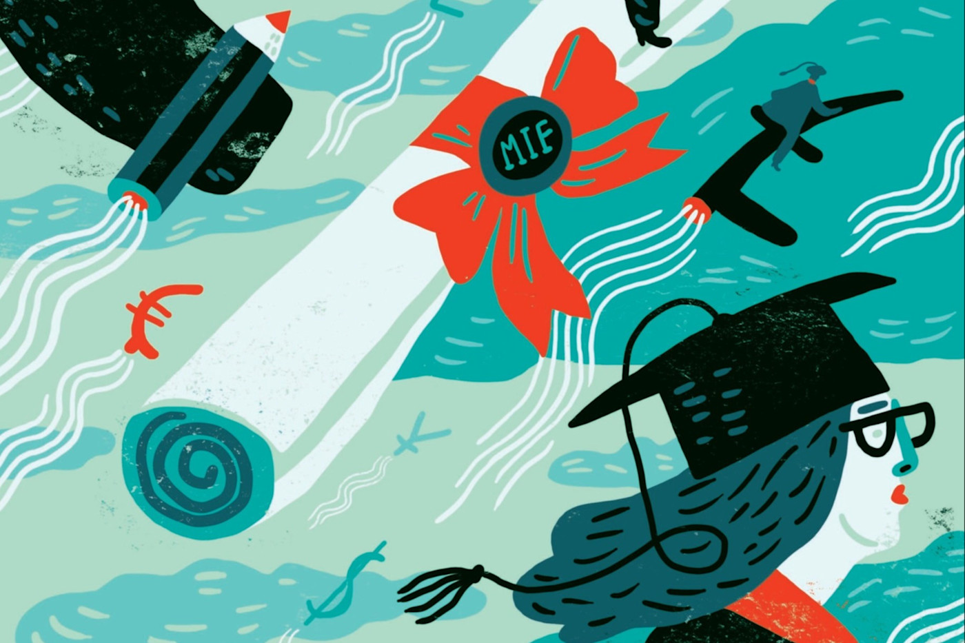 졸업모, 졸업장, ‘MIF’가 표시된 메달을 보여주는 일러스트.