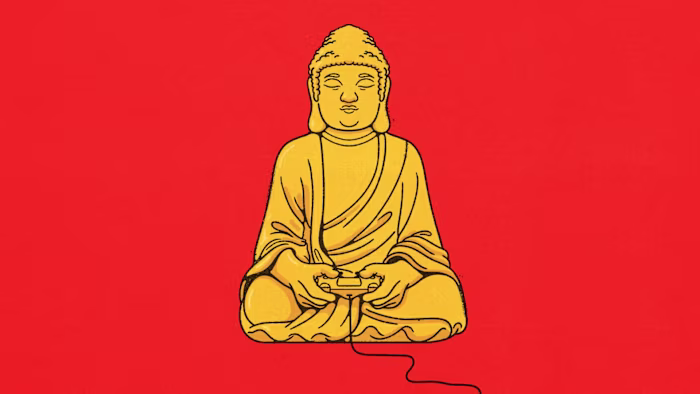 빨간 배경에 비디오 게임 컨트롤러를 들고 명상하는 부처를 그린 일러스트레이션