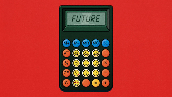 화면에 ‘FUTURE’가 표시되고 숫자 버튼 대신 이모티콘 얼굴이 있는 계산기