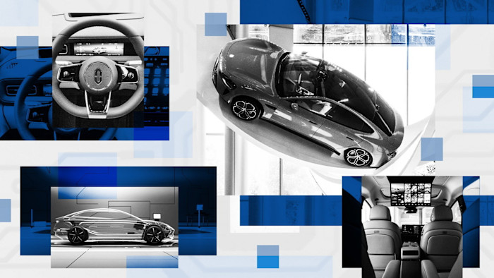 Aito M6 모델 실내, Xiaomi SU7, 대형 엔터테인먼트 스크린이 있는 Li Auto Mega Home 실내, BYD e-Platform 3.0 렌더링을 보여주는 콜라주.