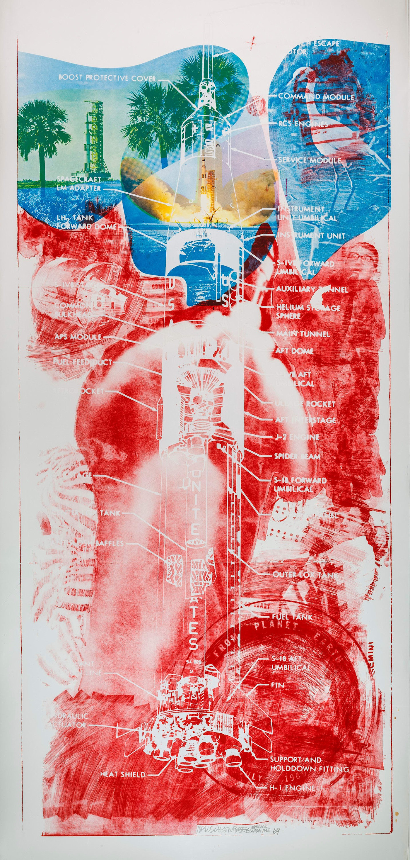 Robert Rauschenberg의 「Sky Garden 1969」를 보여주는 일러스트로, 야자수와 플라밍고, 발사 장면의 다채로운 이미지 위에 Saturn V 로켓 도식이 겹쳐져 있다.