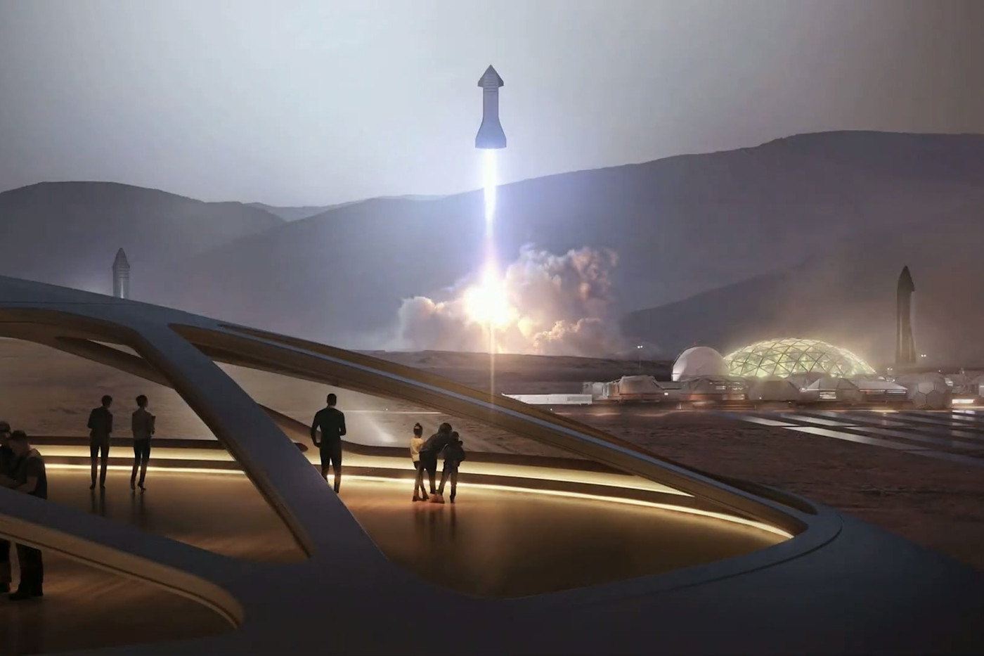 화성 표면에 있는 여러 대의 SpaceX 스타십을 묘사한 삽화로, 미래적인 화성 식민지 근처에서 한 대가 발사되고 있으며 구조물 안에서 사람들이 이를 지켜보고 있다.
