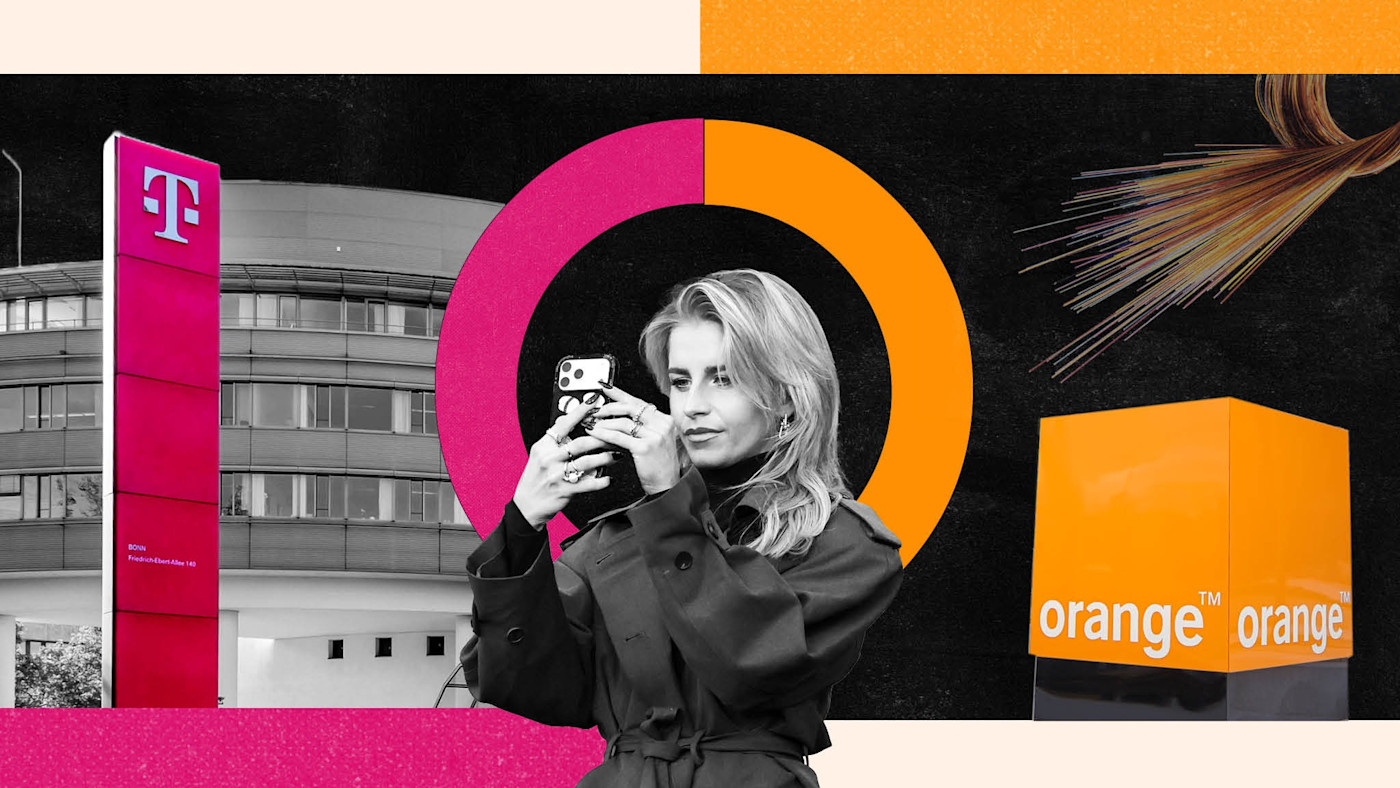 T-Mobile과 Orange 로고 앞에서 스마트폰을 사용하는 여성의 합성 이미지