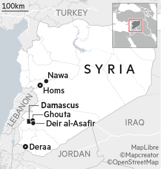 Map of Syria showing Damascus, Ghouta, Deir al-Asafir, Homs, Nawa and Daraa, with neighbouring countries Iraq, Turkey and Lebanon marked