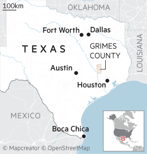 Dallas, Fort Worth, Austin, Houston, Boca Chica가 표시되고 텍사스 동부의 Grimes County가 강조된 텍사스 지도