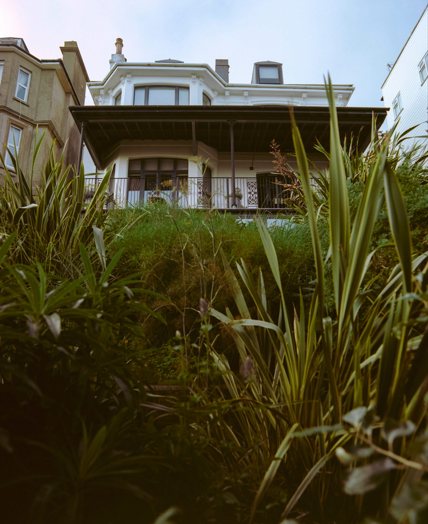 정원에서 바라본 St Leonard’s house 전경, 앞쪽에 빽빽한 식물과 키 큰 풀.